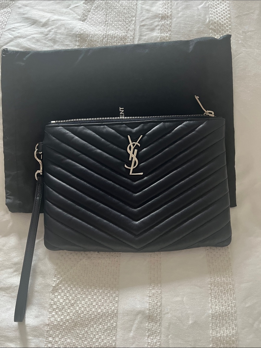 Saint Laurent Navy Quilted Leather Wristlet with Silver YSL Logo